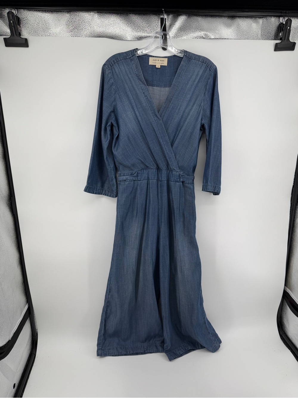 Cloth & Stone Coastal Grandma Boho‎ Chic Denim Chambray Wide Leg Jumpsuit SzS